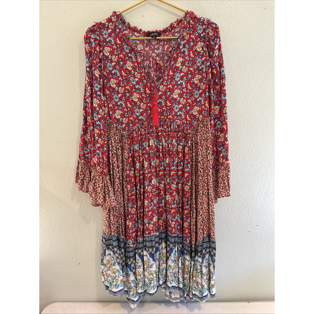 90s Gigio Womens Dress Floral Print Retro V Neck Tassel Bohemian Midi Sz M Boho